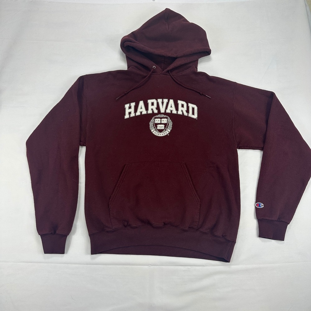 Champion Harvard Hoodie Mens Medium Maroon Pullover Sweatshirt Collegiate Logo‎